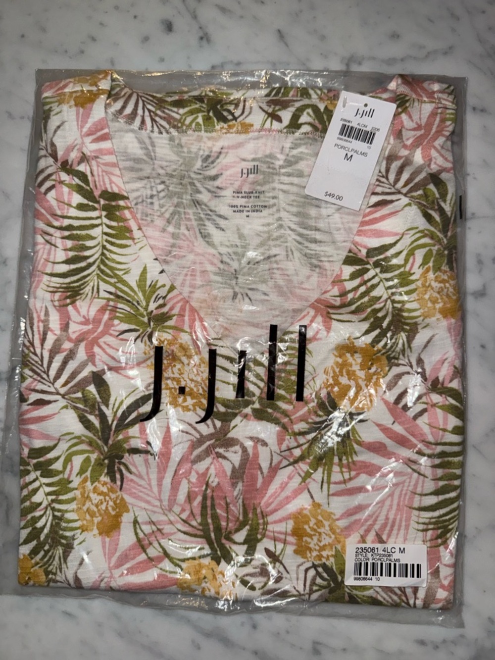 J. Jill Pima Slub Knit V-Neck Tee Shirt Pineapple Palm Print Womens Size M NWT - Picture 13 of 16